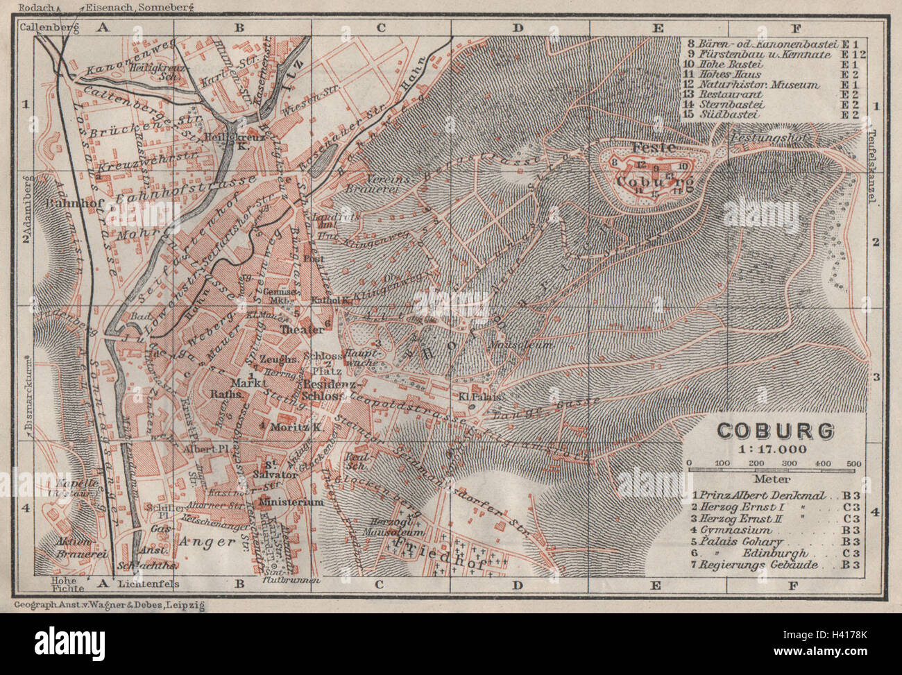COBURG antique town city stadtplan & environs umgebung Bavaria karte 1910 map Stock
