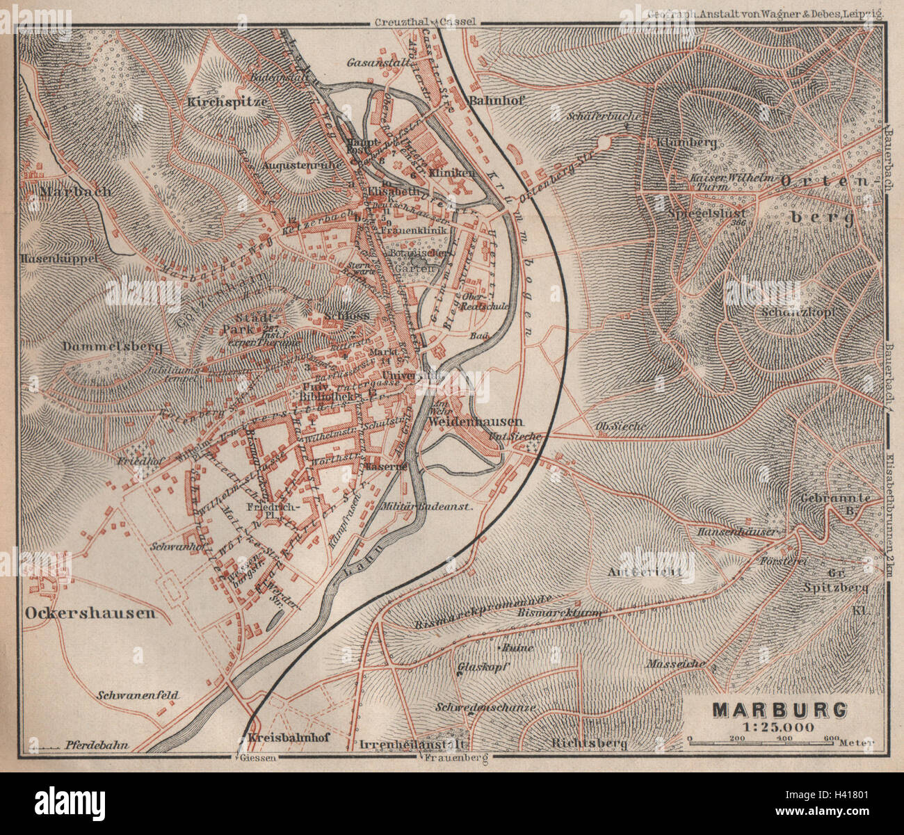 MARBURG antique town city stadtplan. Hessen karte. BAEDEKER 1910 old ...