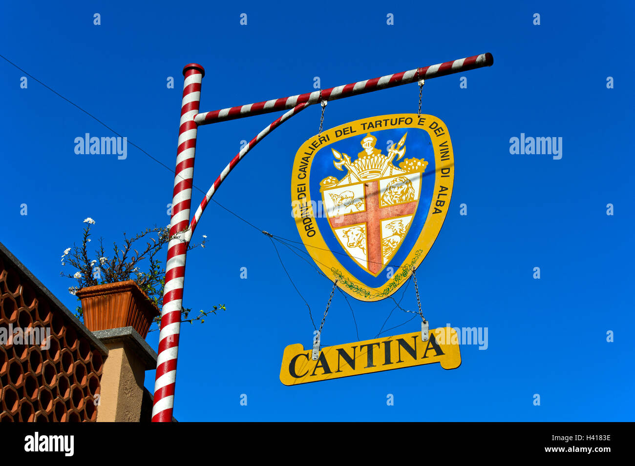 Sign of a wine cellar of the Order of the Knights of the Truffle and Wines of Alba, Barbaresco, Piedmont, Italy Stock Photo