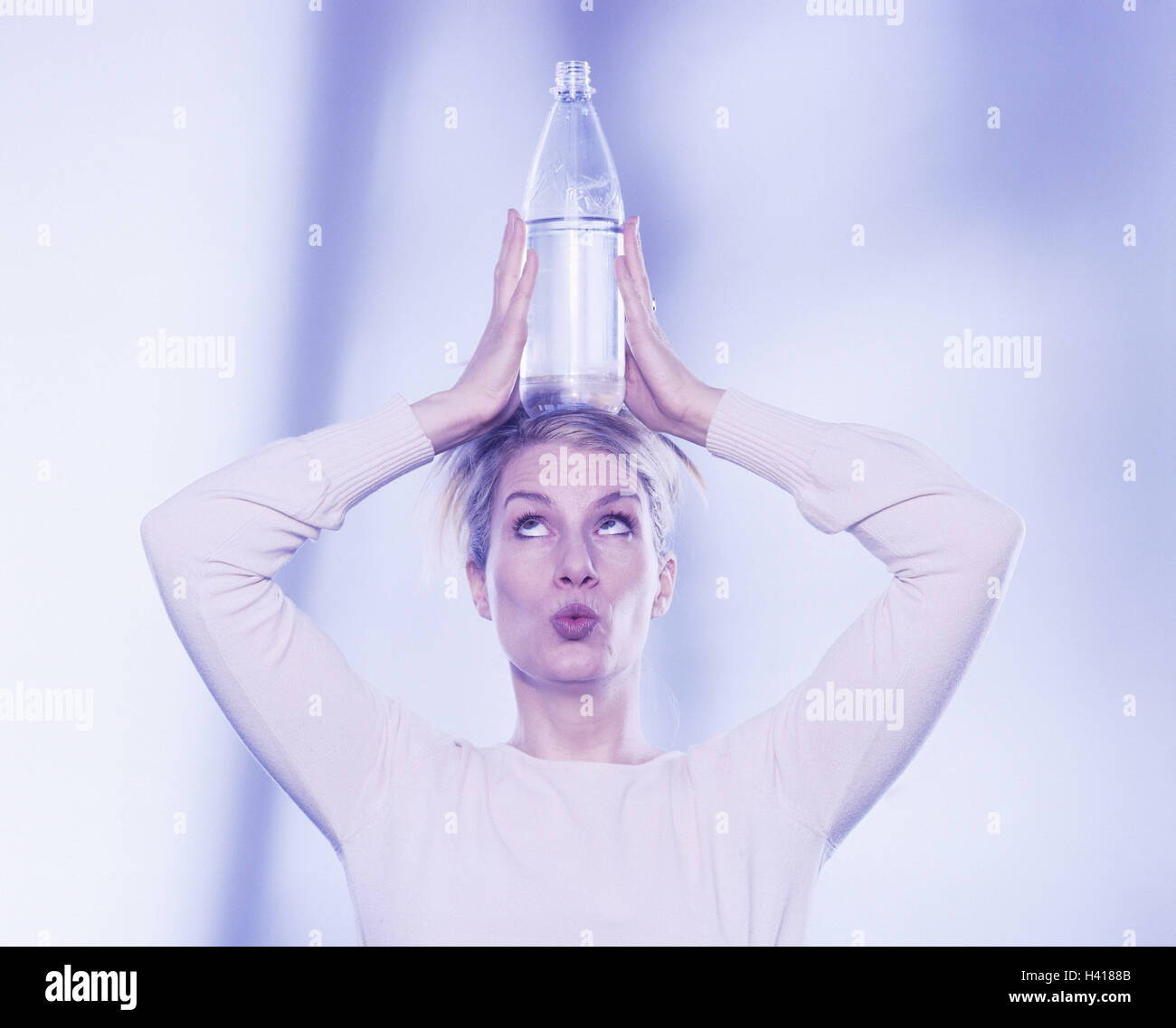 Woman, facial play, gesture, water Bottle, head, balance, portrait