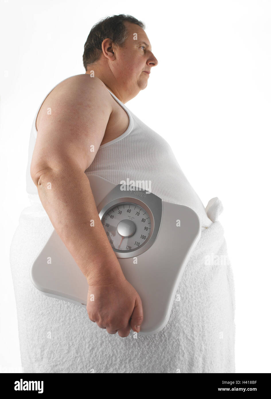 Man, stand overweight, vest, bath towel, body scales, side view, middle old person, thickly, bold, overweight, adiposity, obesity, fatly, obesity, preview, seriously, towel, scales, bathroom scales, carry, body perimetre, weight controls, body weight, wei Stock Photo