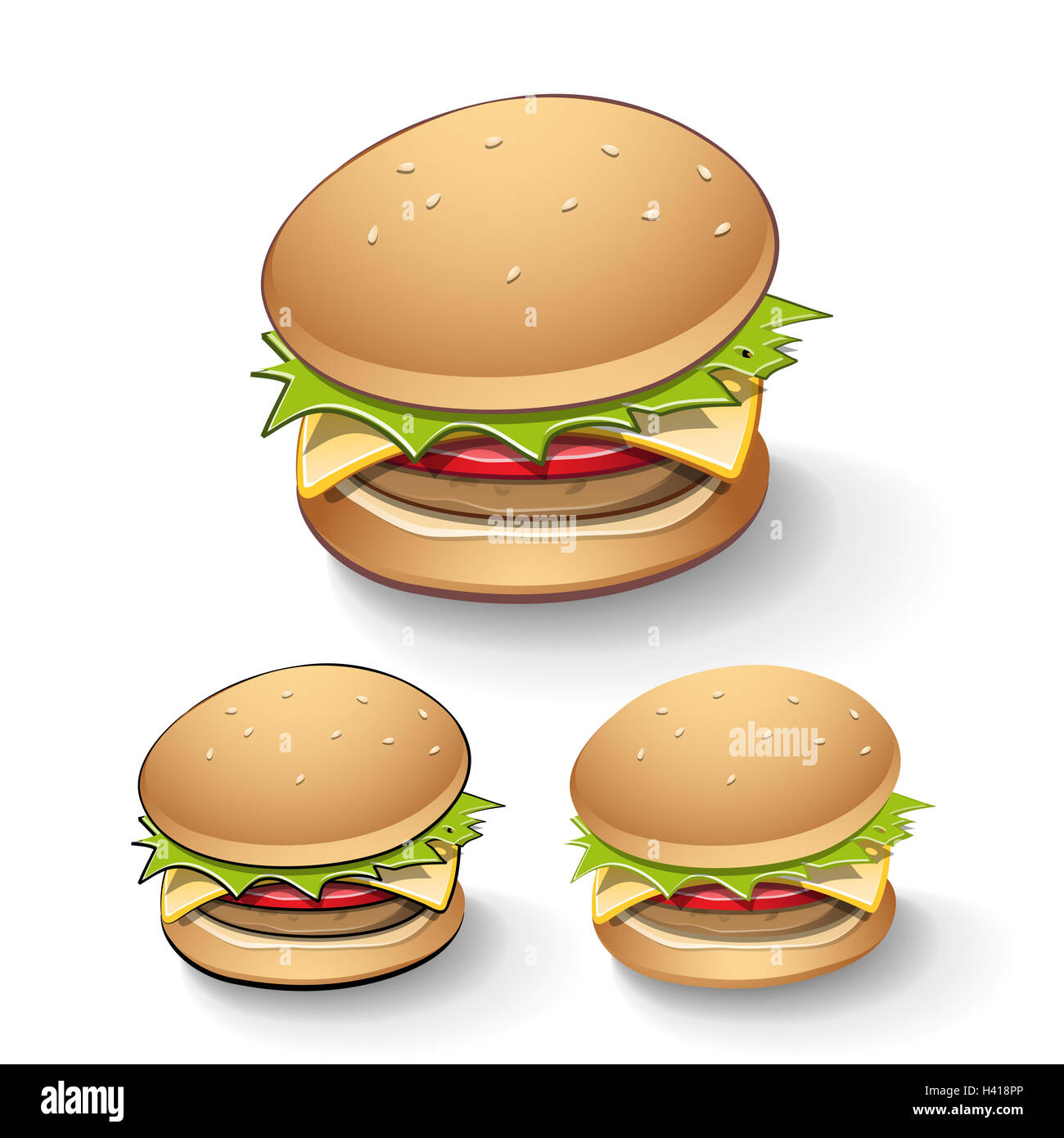 Vector Illustration of Tasty Cartoon Burgers isolated on a White Background with Transparent Shadow Stock Photo