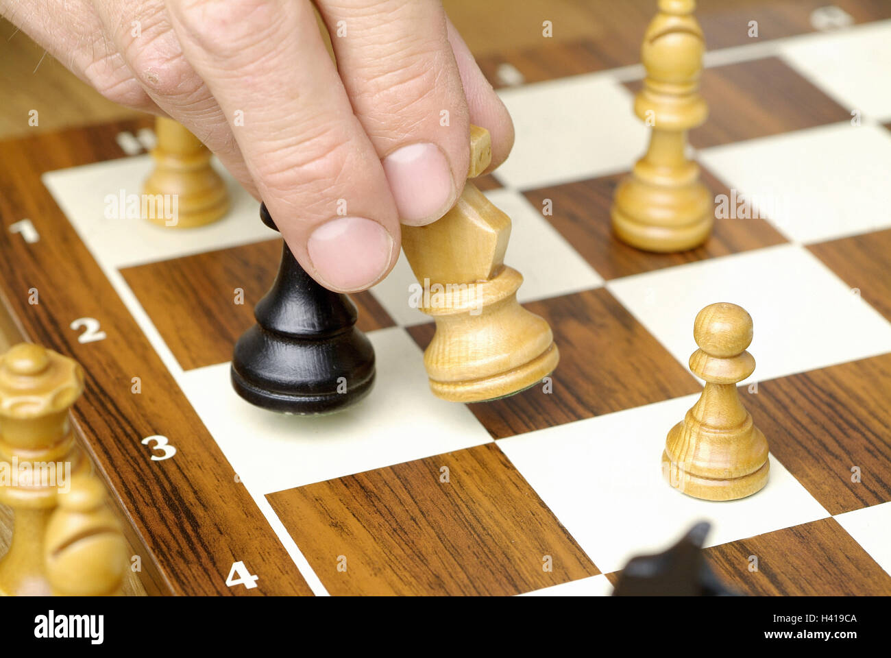 Chess, man's hand, characters, move, successfully, man, detail, hand, 38 years, players, chess, parlour game, board game, board, game, chess, strategy, strategy game, tactics, mental exercise, leisure time, hobby, game of chess, chess pieces, manoeuvre, 3 Stock Photo