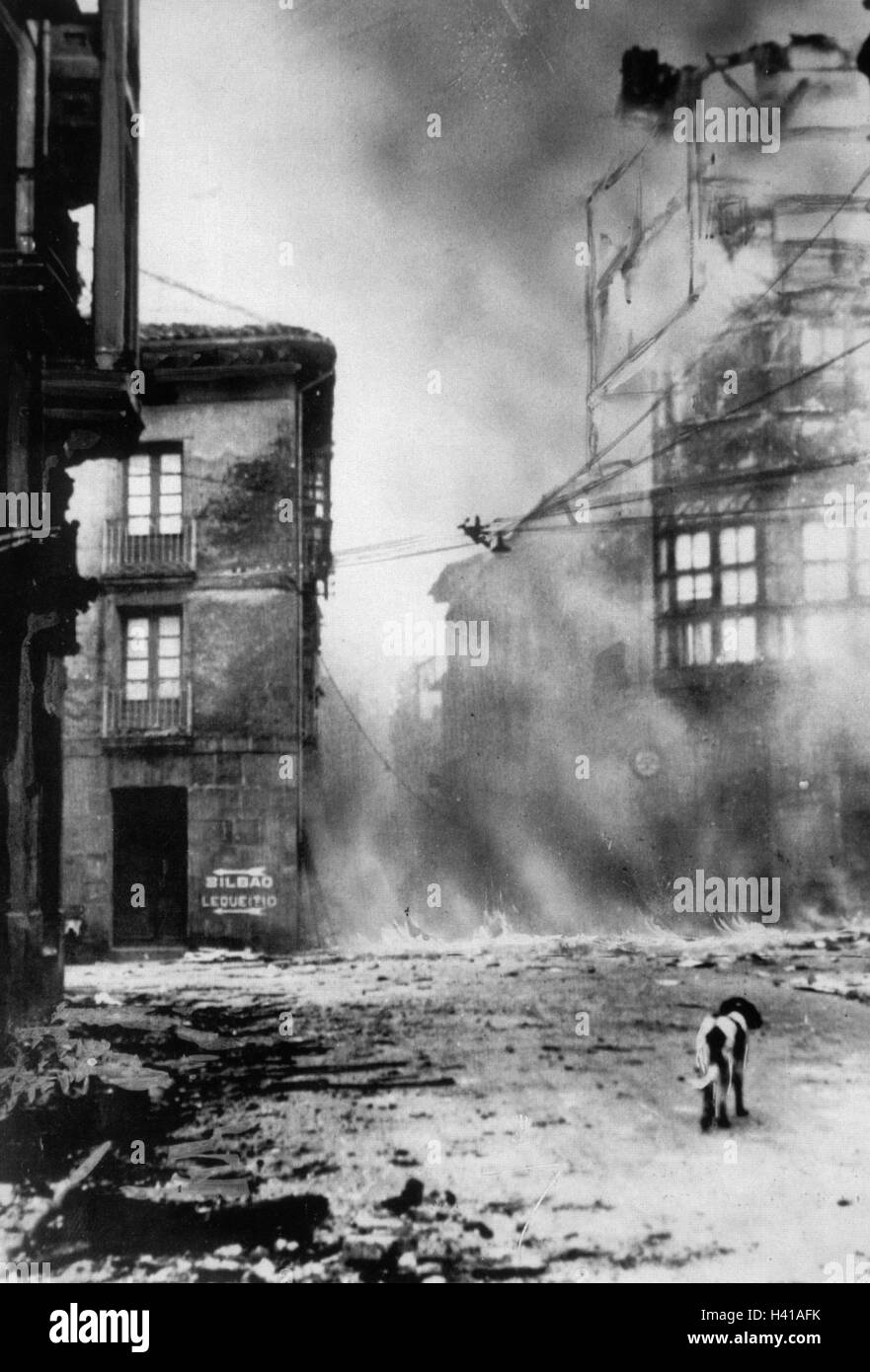 BOMBING OF GUERNICA, Spain,  26 April 1937. The town is 35 km from Bilbao  shown on the road sign Stock Photo