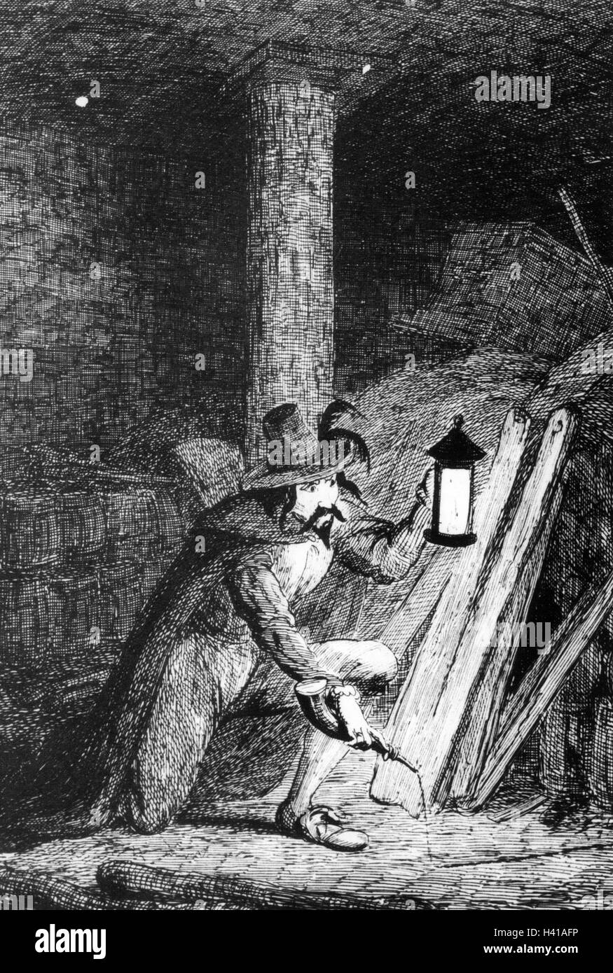 GUY FAWKES (1570-1606) preparing the Gunpowder plot under Westminster Palace from an early Victorian engraving Stock Photo