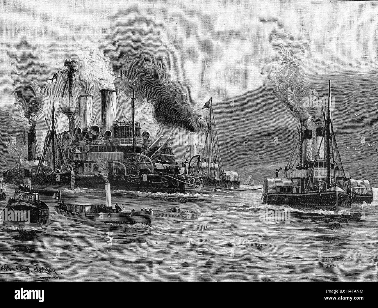 HMS HOWE battleship being towed into Ferrol harbour, Spain, 30 March 1893 after running aground on shoals on 2 November 1892 while serving with the Channel Fleet. Stock Photo