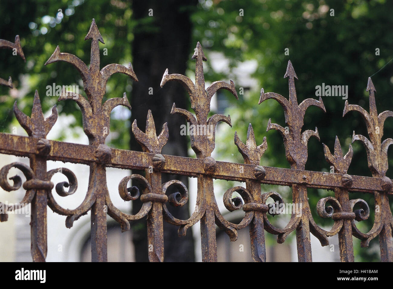 Fence, wrought iron, detail, fence points, rusts, outside, garden fence