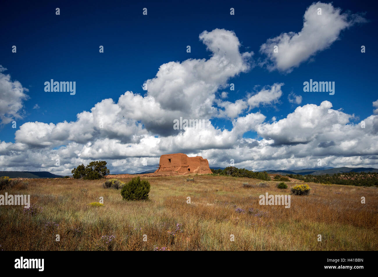 Clouds over the Pecos Mission Ruins in New Mexico, USA. Stock Photo