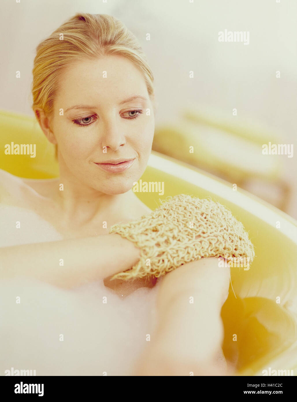 Bath, woman, massage glove, inside, bath, bubble bath, personal care