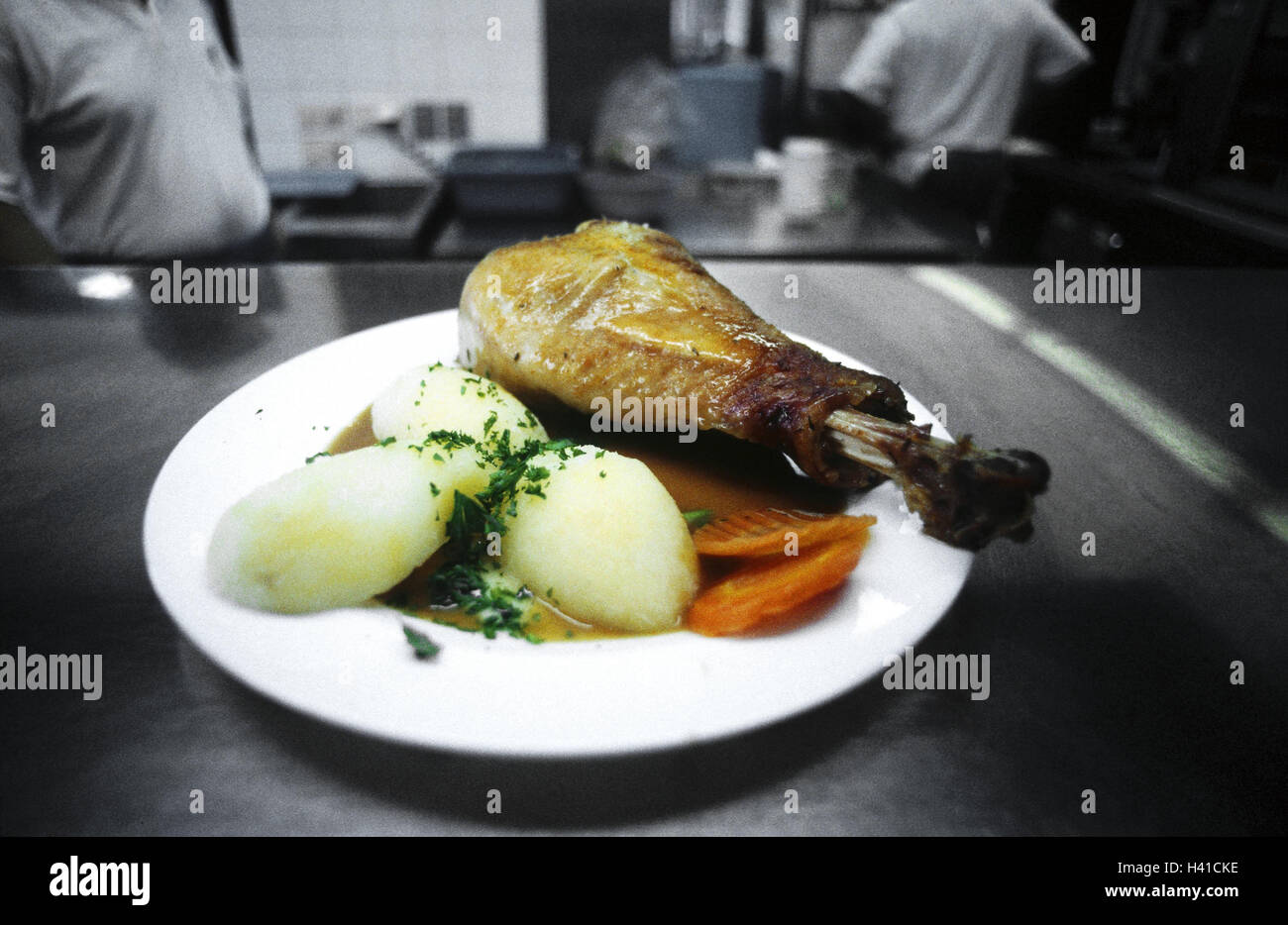 Canteen kitchen, plate, food, turkey's haunch, potato dumpling, Still