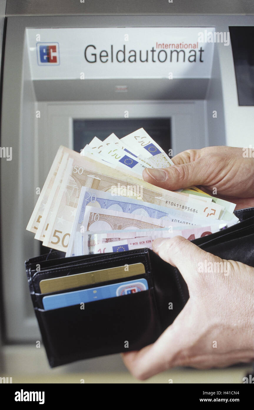 Bancomat, man, detail, hands, purse, bank notes, credit card, outside, bank, credit institute, withdrawal, monetary removal, automatic cash dispenser, EC-card, euro, banknotes, meanses payment, currency unit Stock Photo