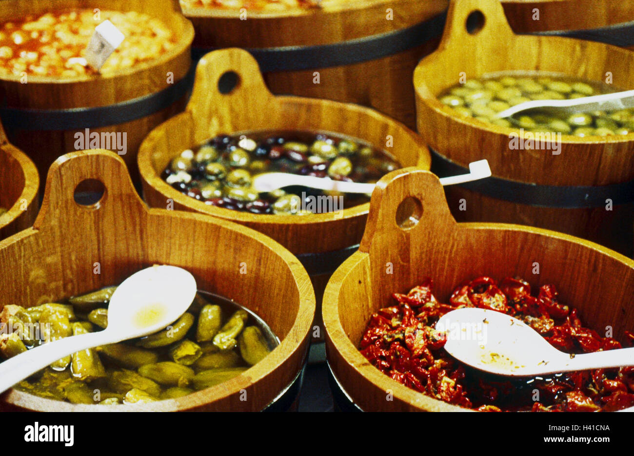 wooden tubs, Greek horsd'oeuvres, differently, Still life, foods
