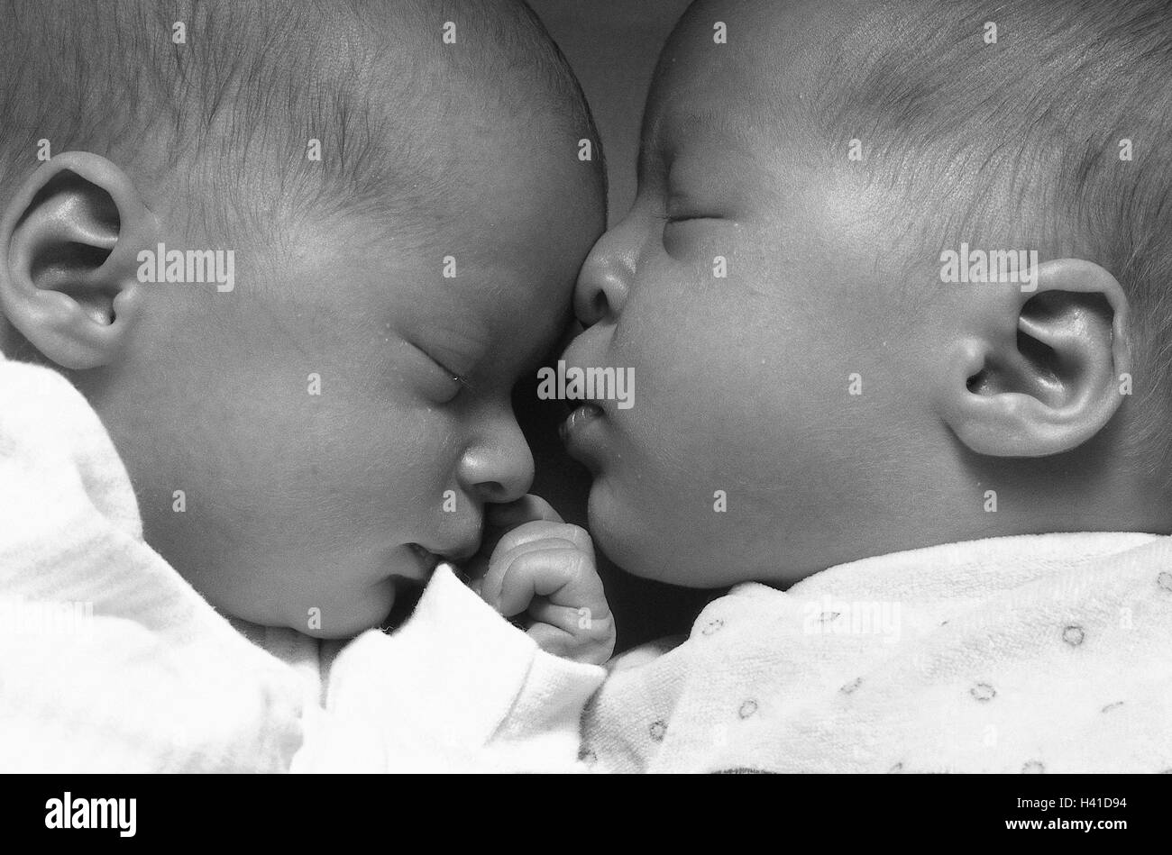 Babies, sleep, rest facial play, kiss, tread, b/w, very close, inside