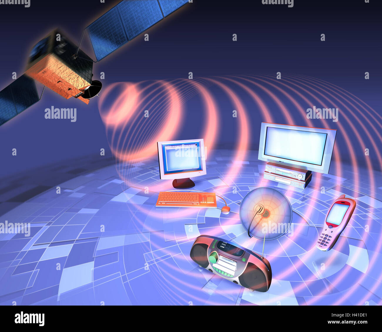 Computer graphics, globe, computer, TV, radio, mobile phone, satellite, "reception waves