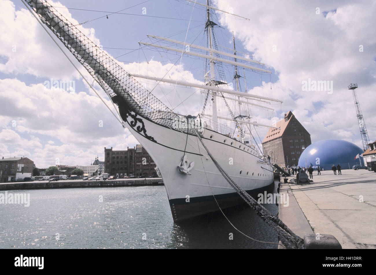 Germany, Mecklenburg-West Pomerania, Stralsund, harbour, 'Gorch foresail', detail, Europe, North Germany, the Baltic Sea, Hanseatic town, town, harbour basin, sailing ship, ship, sail school ship, school ship, 3 mast ship, three-master, yard ship, great y Stock Photo