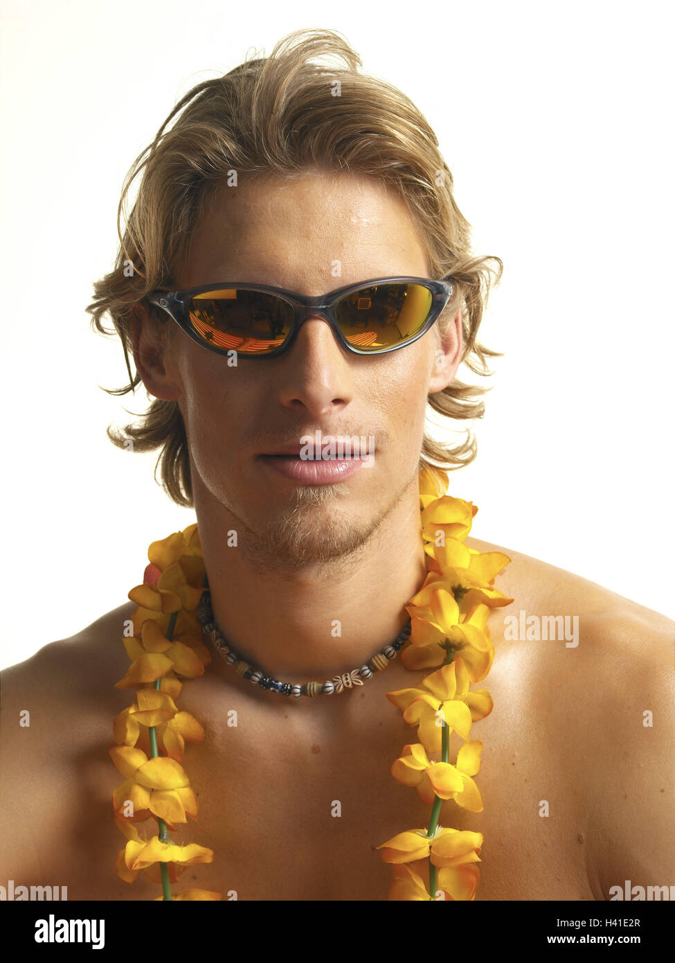 Man, young, sunglasses, floral wreath, free upper part of the body,  portrait, icon, vacation, summer vacation, leisure time, rest, blond,  necklace, glasses, sportily, athletically, cool, careless, confidently,  summery, flower rim artificially, Lei,
