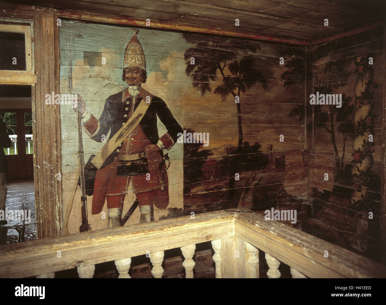 Soldier, landscape, painting, art, inside, place of interest builds in 1732, timber-frame construction way, baroque, Adel's family Camphausen, family property in 1727-1939, mural painting, wall painting, wall pictures, representation Latvia, Livland, Gauj Stock Photo