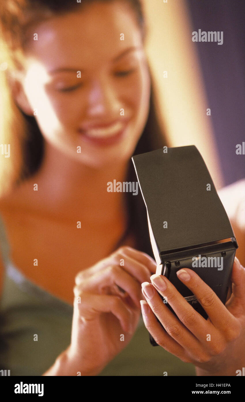 Woman, hand hero PC, smile, half portrait, Palmsize, Organizer, notepad ...