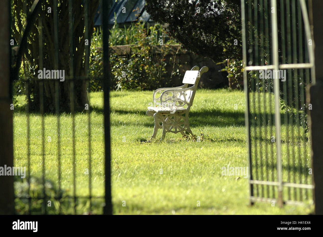 Park, ferric gate, frankly, bank,  summer, silence, relaxation   Park, entrance, gate, fences, park bank, opened loneliness, peace lingering relaxen, recuperation, idylls, summer, sun, nobody, abandoned, green Stock Photo