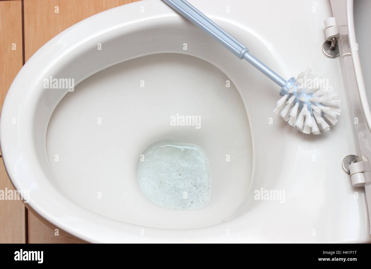 Accessories for cleaning on toilet bowl, concept for house cleaning and household duties Stock