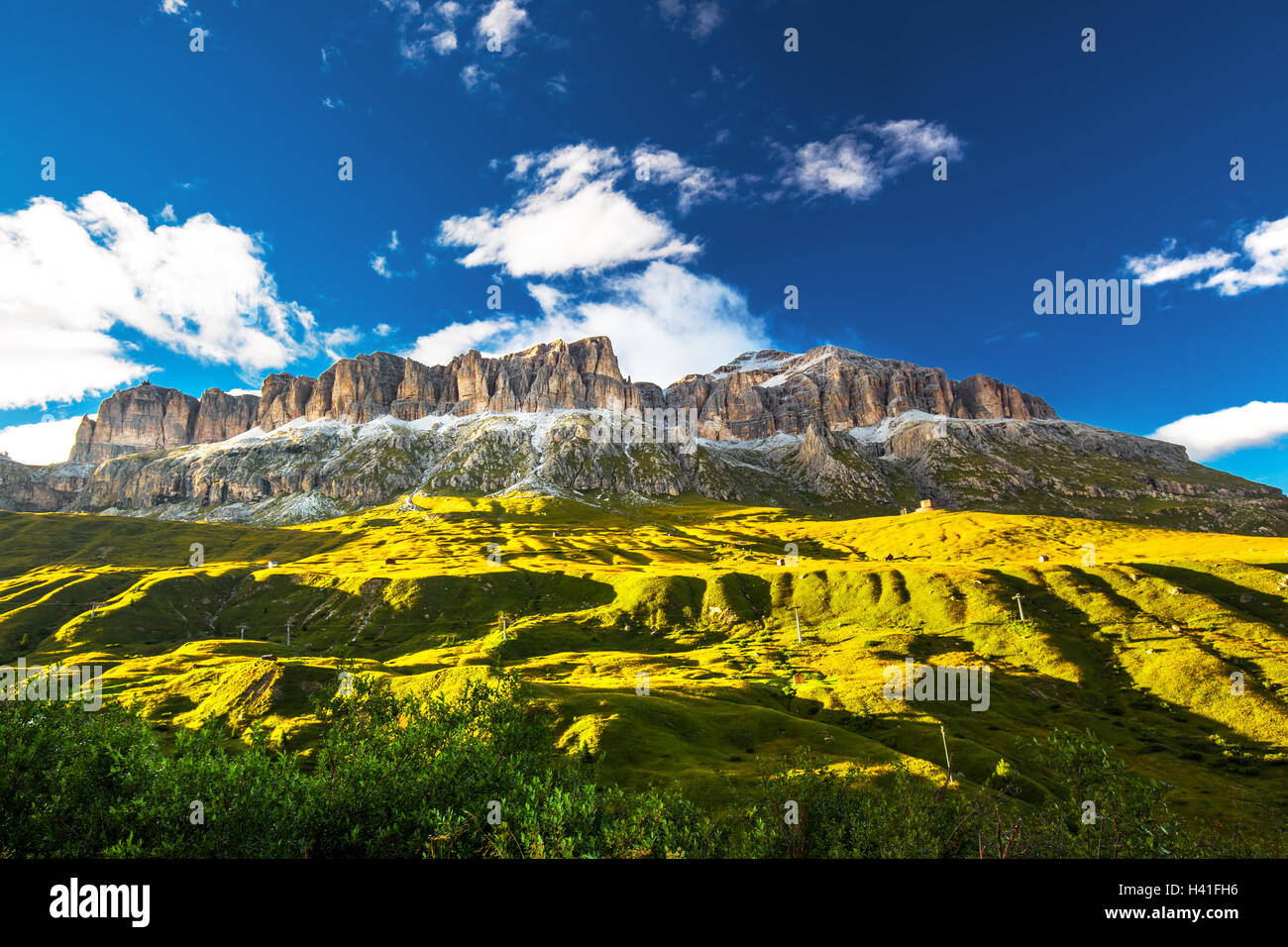 View to Sass Pordoi massive in Dolomites, Italy, Europe Stock Photo