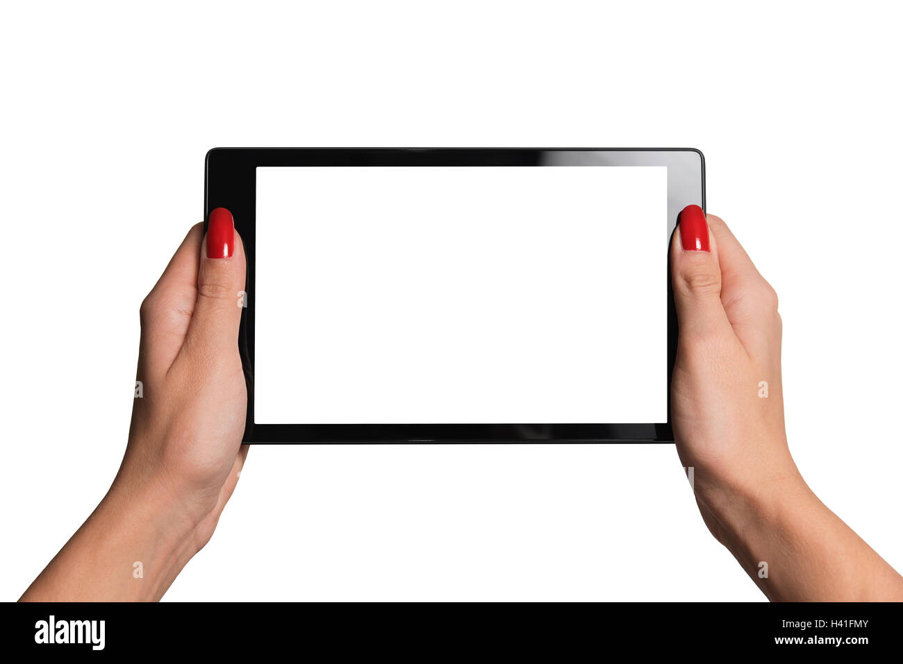 female hands holding a black tablet isolated on white background Stock ...