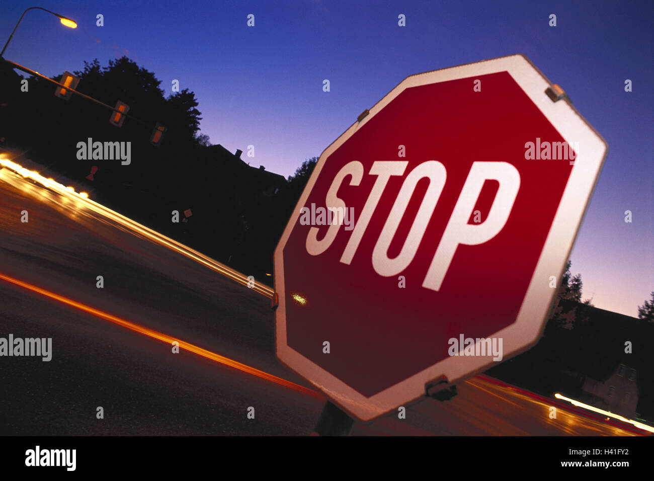 Street, sign, stop, light tracks, night traffic, traffic, street scene, sign, road sign, stop