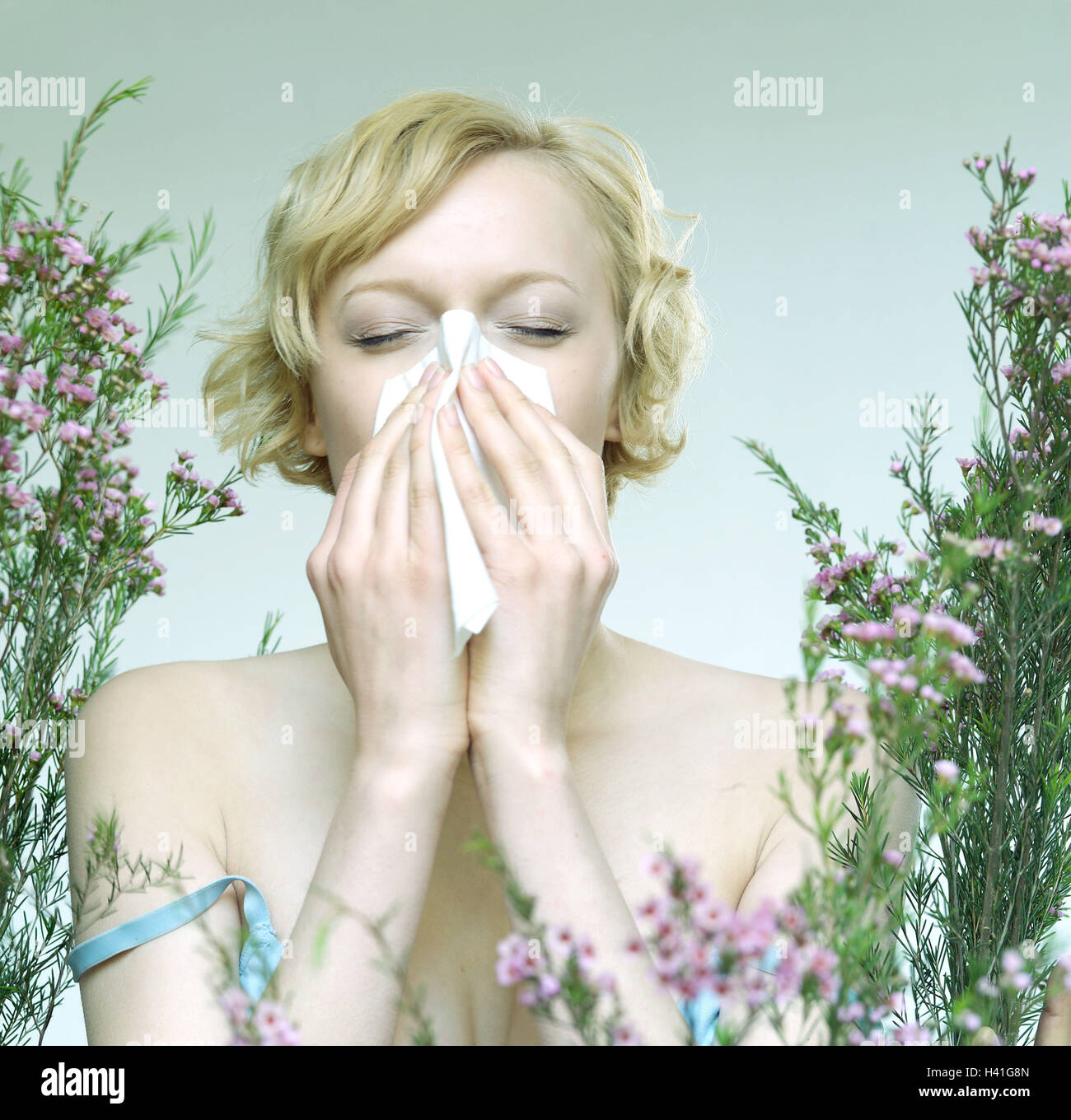 Flowers, woman, handkerchief, sneeze, allergy, portrait, allergically