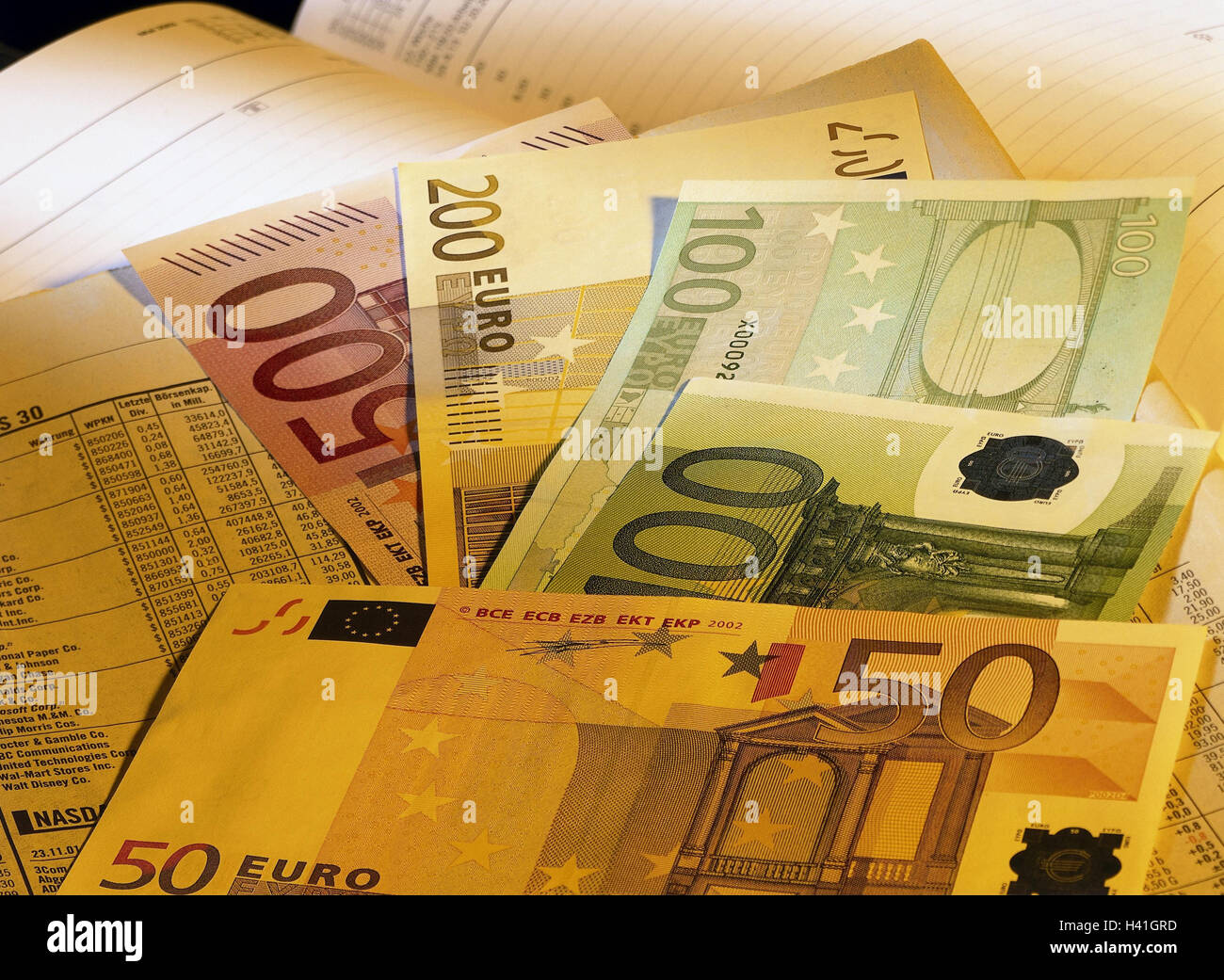 Calendars, financial paper, bank notes, euro, Still life, product photography, banknotes, money, cash, currency, currency unit, single currency, means payment, European, the EU, stock exchange, plant, investment, speculate, close up Stock Photo