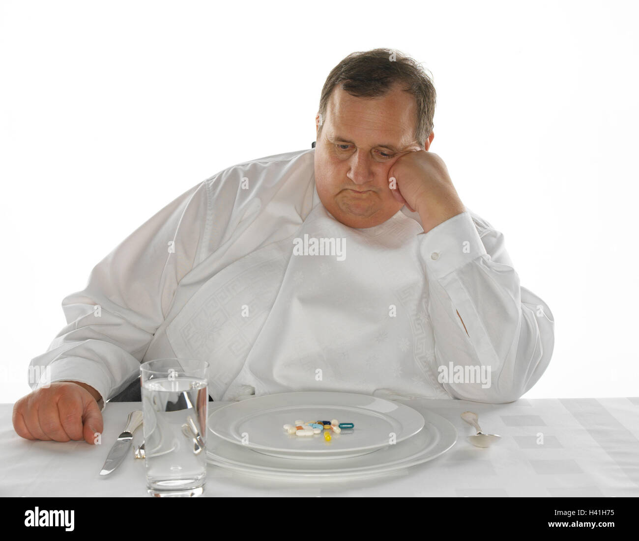 Diet, man, overweight, plate, drugs, look, add support thoughtful middle old person, thickly, bold, overweight, unhealthily, injuriously, adiposity, obesity, fatly, obesity, health risk, head, table, dining table, covered, glass, water, water glass, cover Stock Photo
