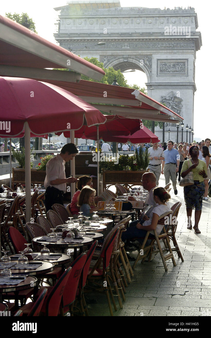 France, Paris, Champs-Elysees, street cafe, guests, Arc de Triomphe