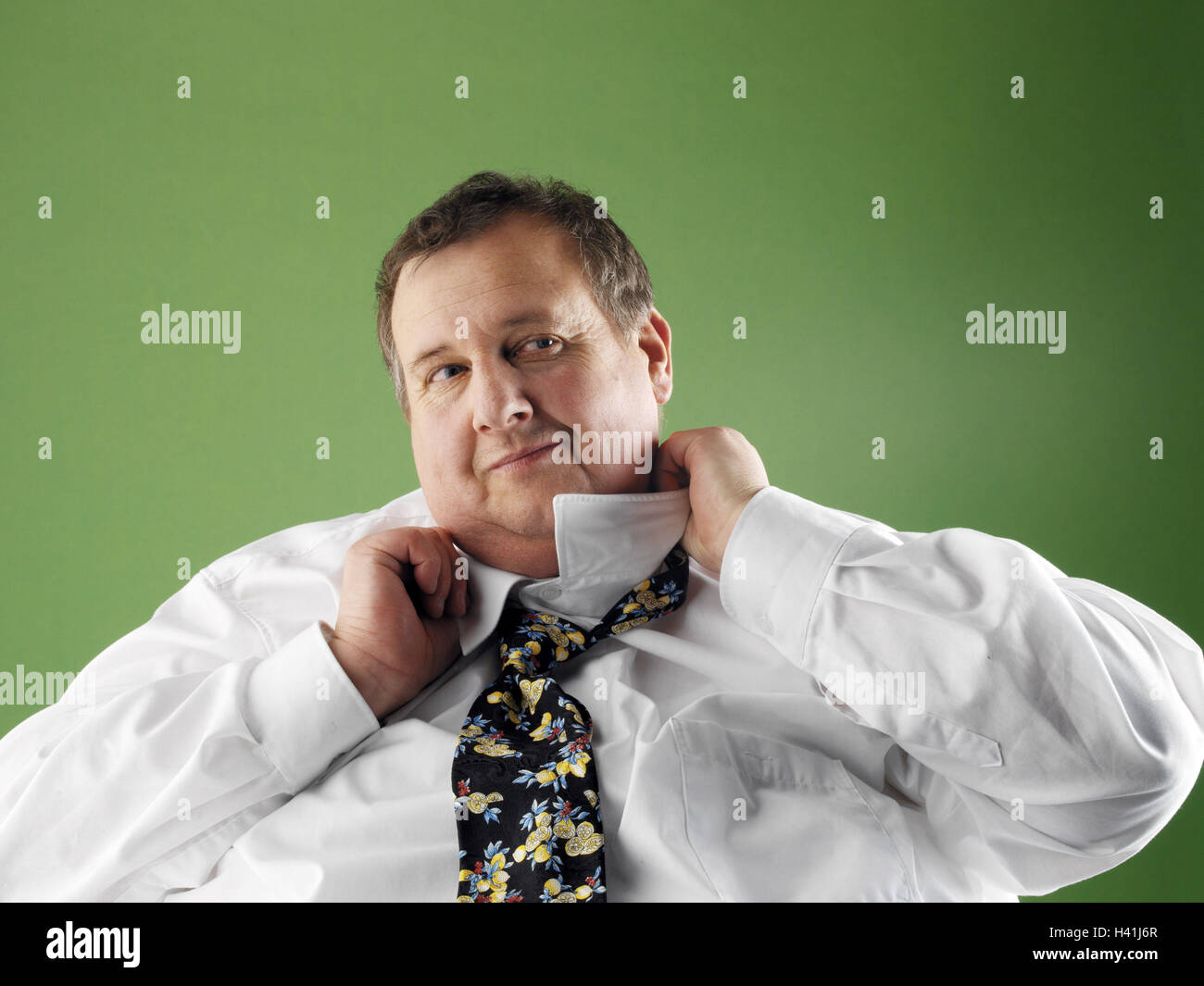 Man, overweight, dress, shirt collars, portrait, middle old person, thickly, bold, overweight, fatly, adiposity, obesity, obesity, perimetre, voluminously, body perimetre, body weight, unhealthily, shirt, shirt, draw, collars, straighten, tie, tie, studio Stock Photo