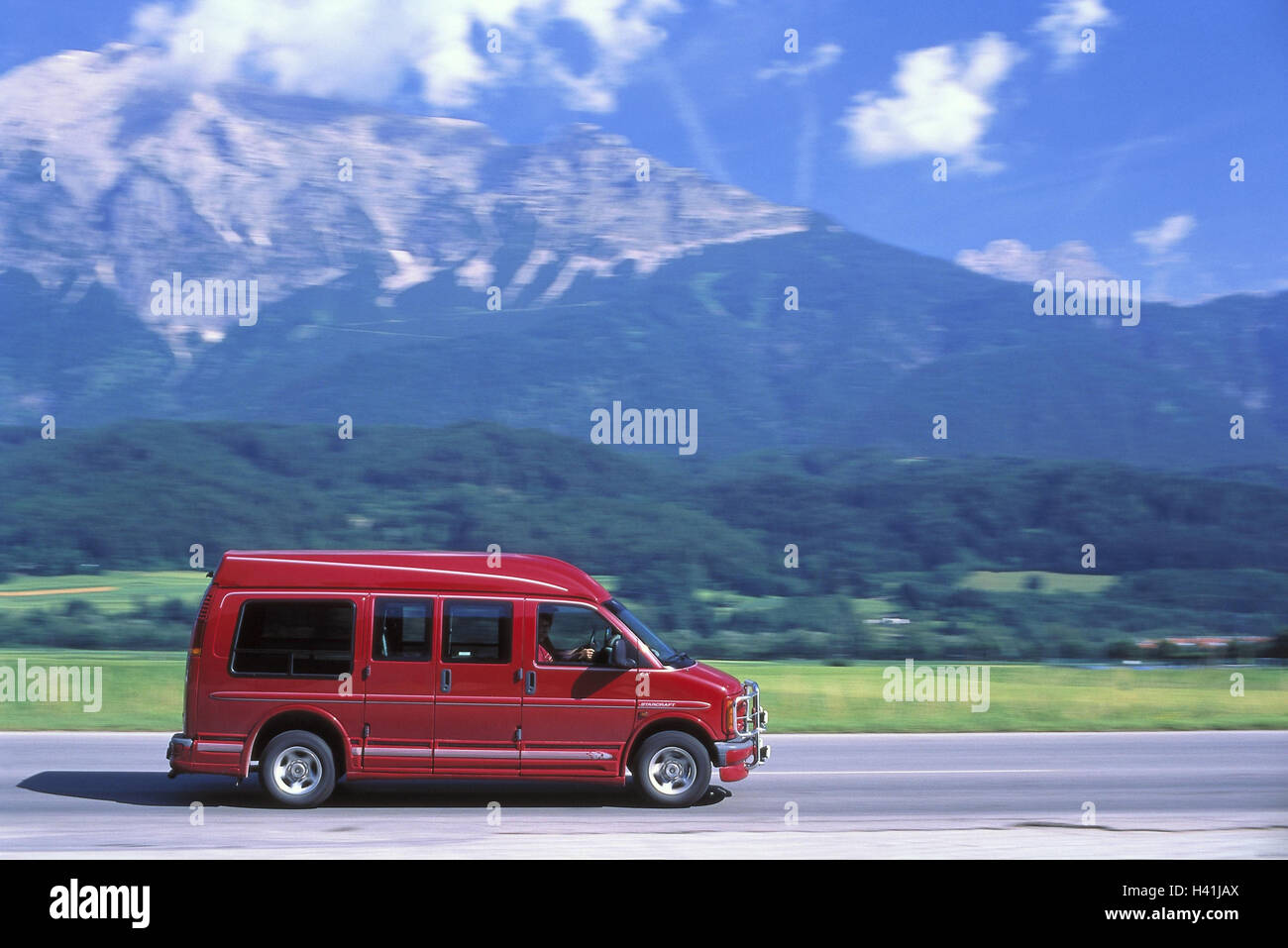 Country road, Chevrolet, van bus, year manufacture in 1990-2000, summer, street, meadows, mountain landscape, minibus, street, excursion, minibus, autotypes, car, red, go, preview Stock Photo