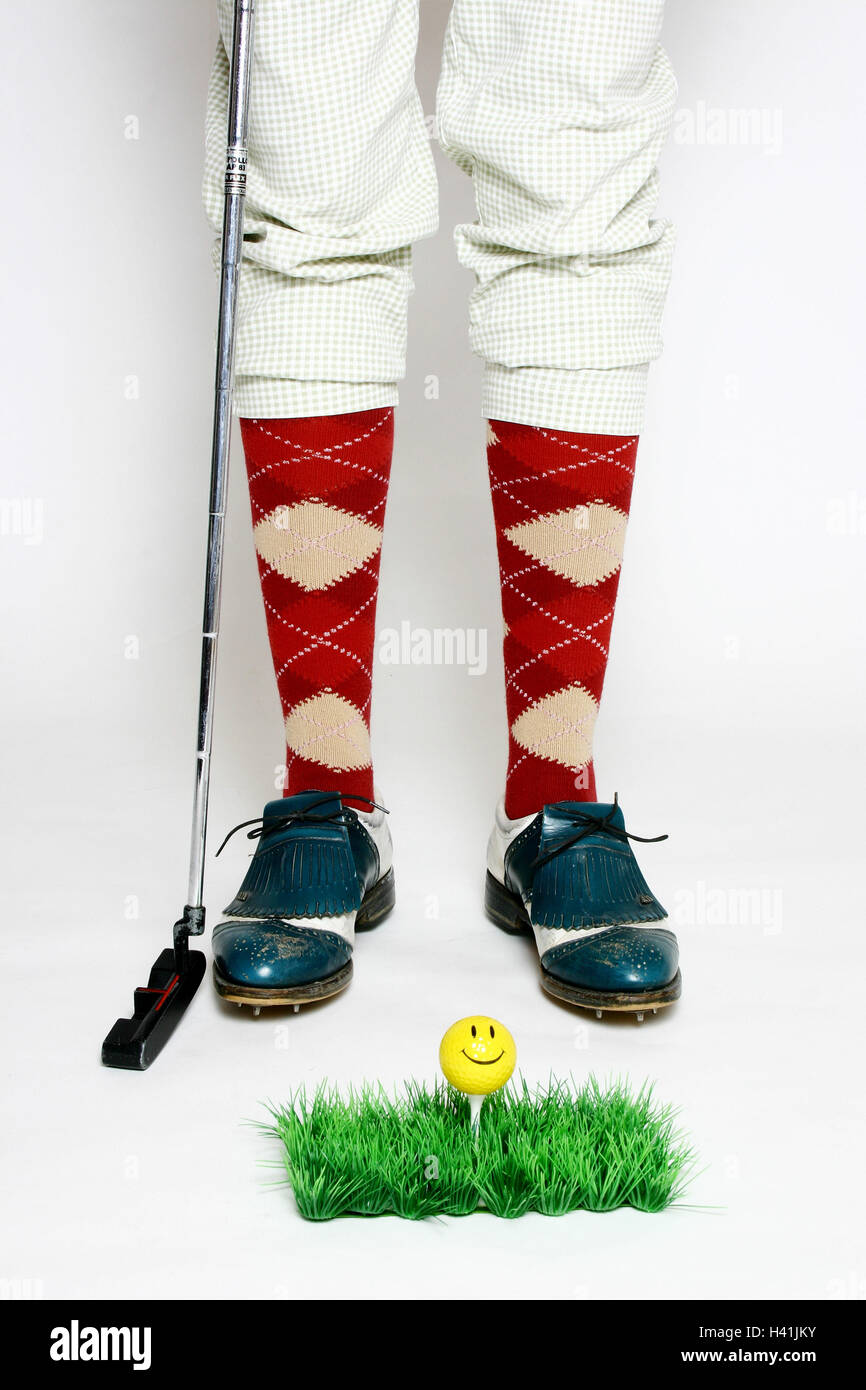 Person, Golf clothes, detail, feet, golf clubs, art turfs, tea, Golf ball, smiley young, 20-30 years, golfer, golfer, golfer, golfer, turf, art grass, grass, artificially, ball, mini-golf, punt, putting, lawn, Indoor, T, sport, golf, golf, to Golf, practi Stock Photo