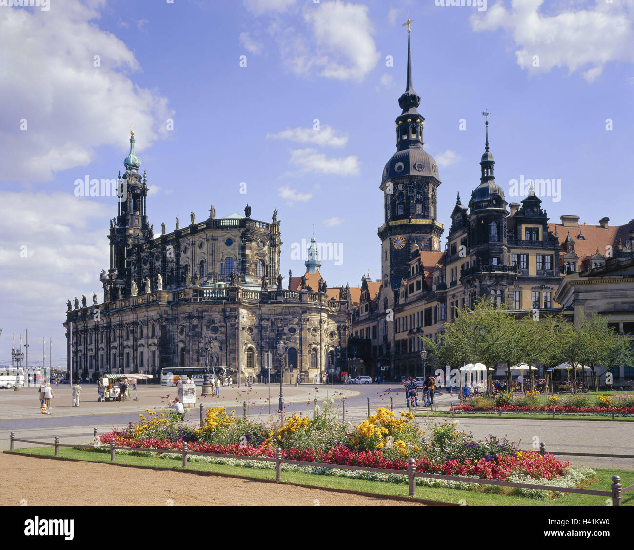 Germany, Saxony, Dresden, theatre square, court church, residence lock, househusband's attack, Europe, town, state capital, part town, place of interest, lock, residence, structures, buildings, architecture, church, church, sacred construction, tower, 101 m high, culture, cultural setting, tourism, flowerbeds Stock Photo