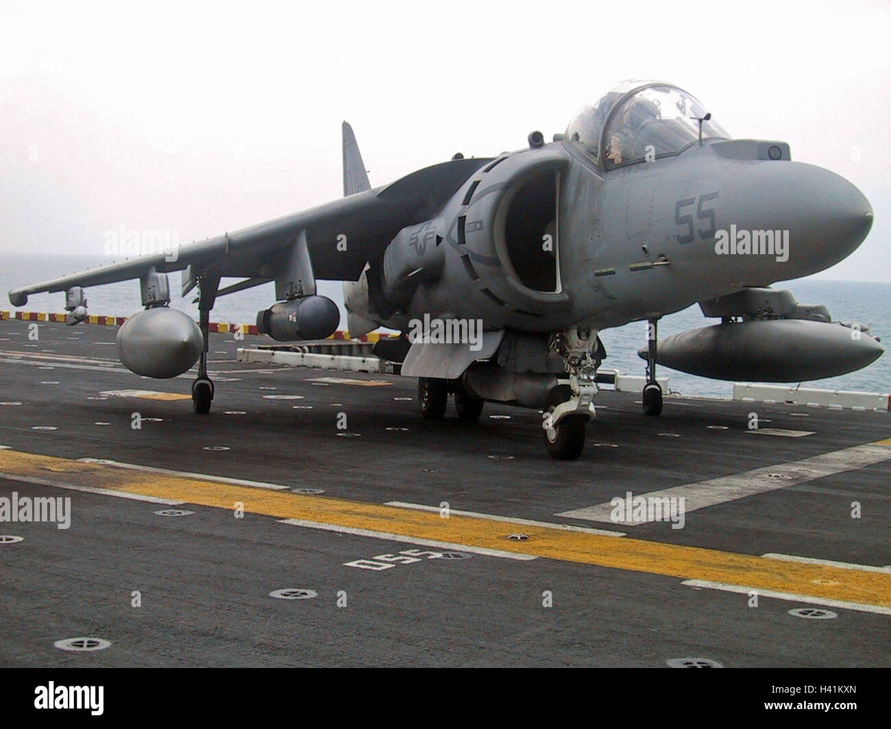 28th January 2003 Operation Enduring Freedom: a U.S. Marines Harrier jump jet on the USS Nassau, in the Persian Gulf. Stock Photo