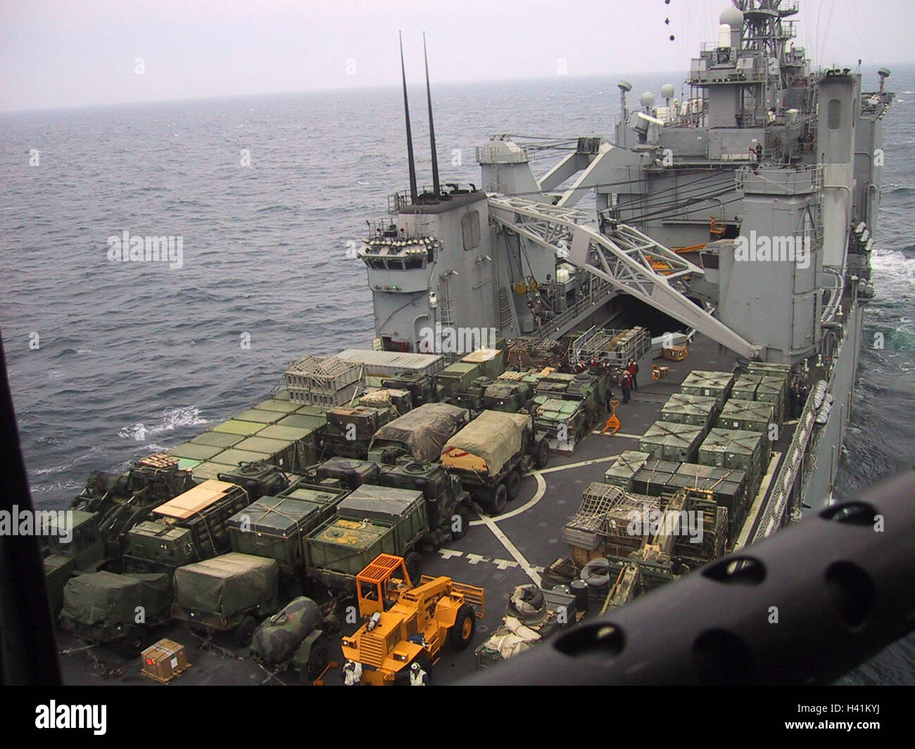 28th January 2003 During Operation Enduring Freedom, the crowded deck of the USS Tortuga (LSD-46), in the Persian Gulf. Stock Photo