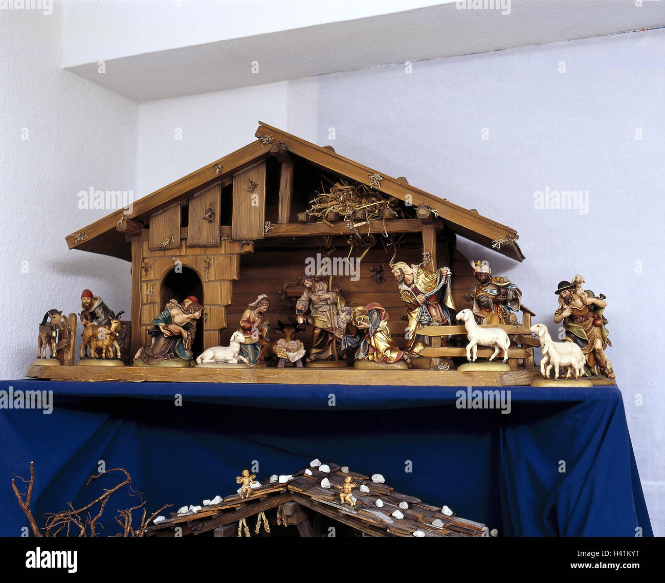 Creche Germany, Oberammergau, Christmas, manger, traditions, religion, holy family, Jesus's child, nativity figurines, wooden figures, figures, wooden, product photography, Still life Stock Photo