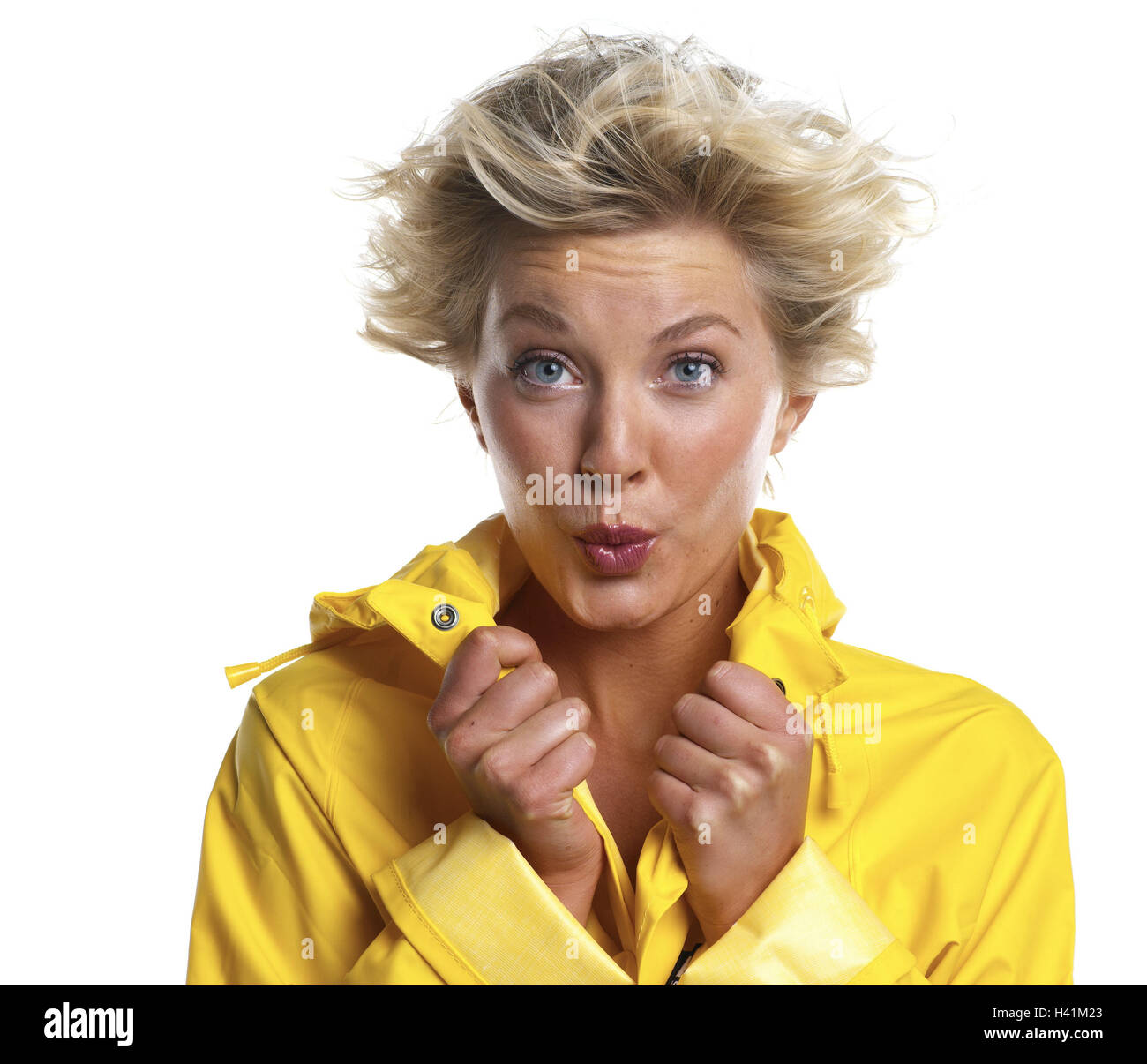 Woman Blond Happy Facial Play Portrait Rain Jacket Wind