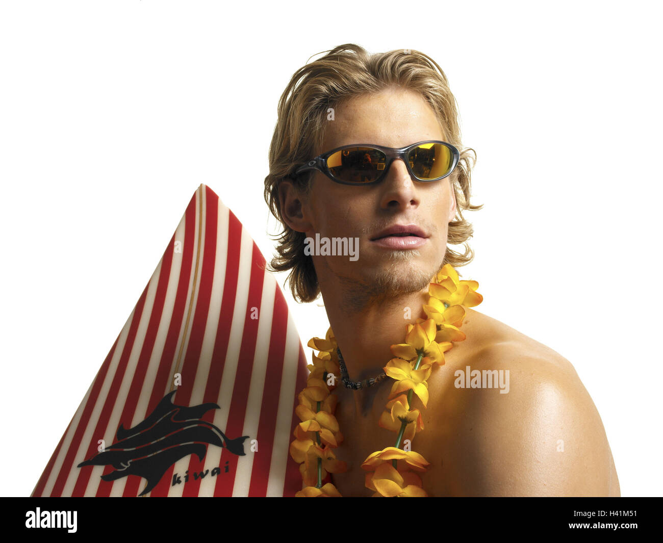 Man, young, sunglasses, floral wreath, surfboard, portrait, icon, vacation, summer vacation, leisure time, rest, sport, water sport, wave bleed, surfer, blond, necklace, free upper part of the body, glasses, side glance, view side view, flower rim artific Stock Photo