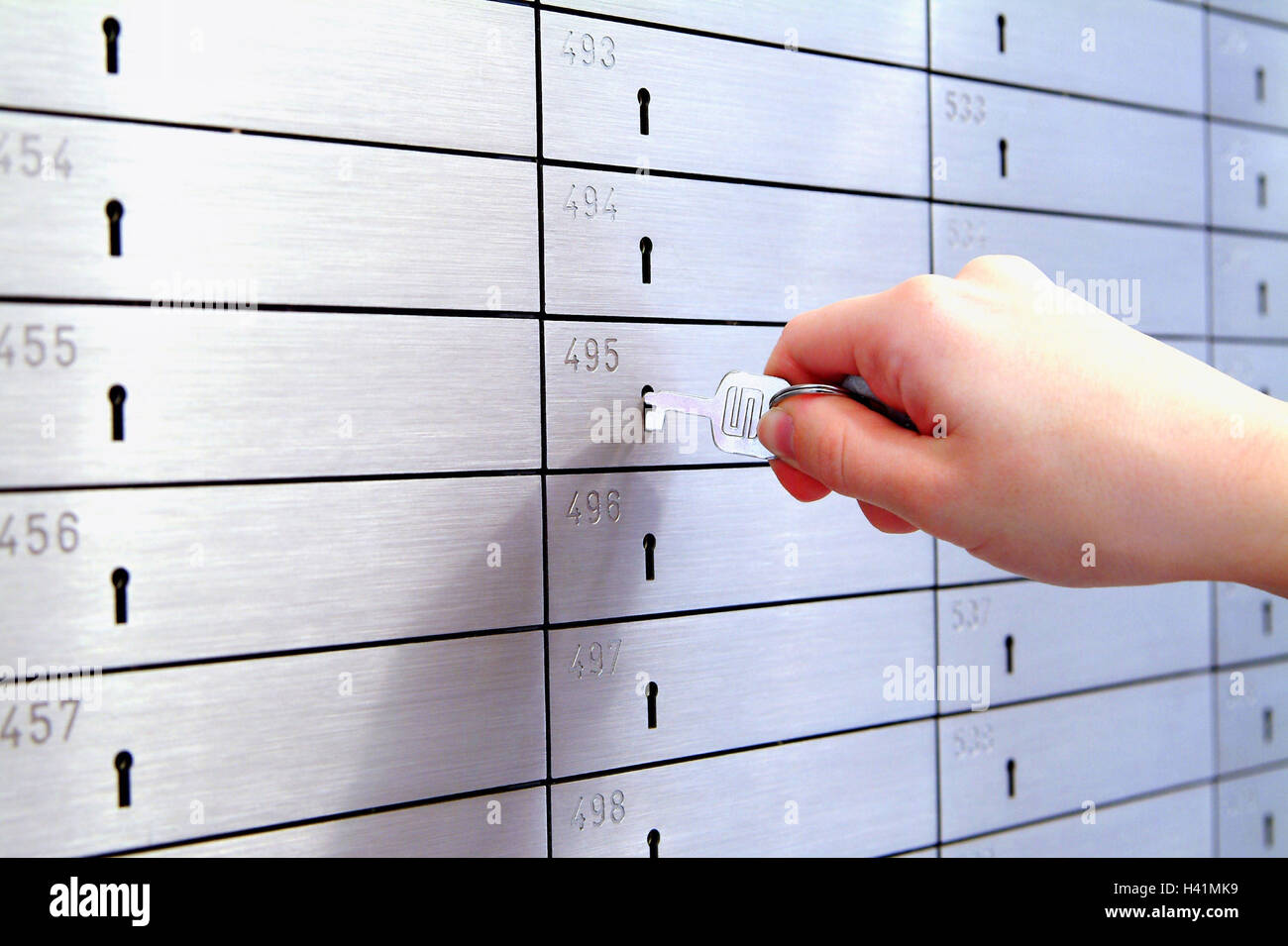 Bank, vault, lockers, Hand, keys, opens, closes Bank buildings, indoors