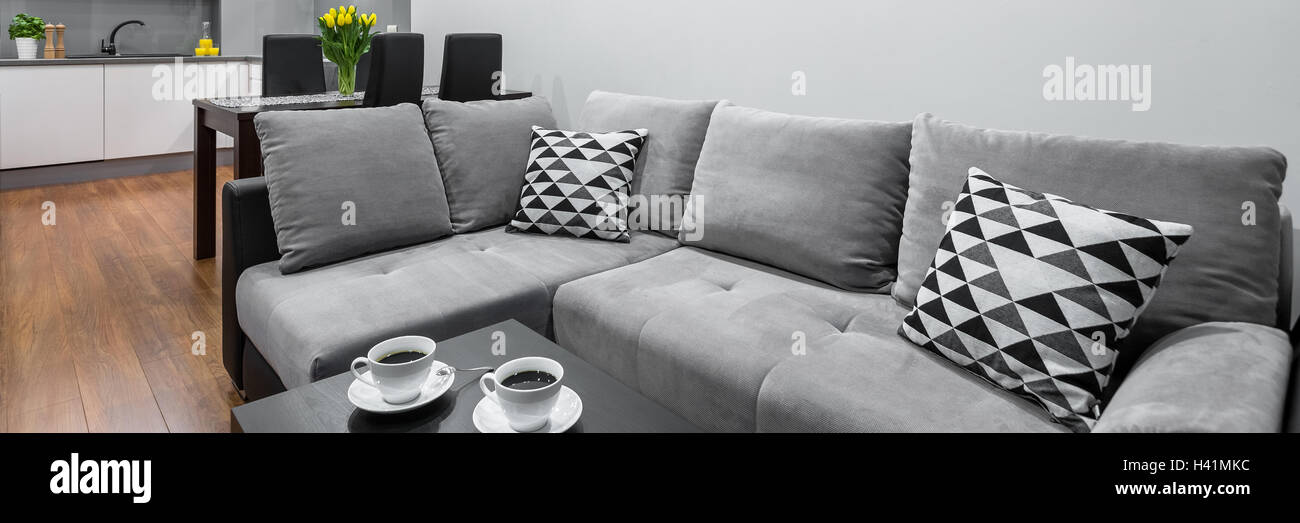 Panorama Of New Style Living Room With Large Sofa And Coffee Table Stock Photo Alamy