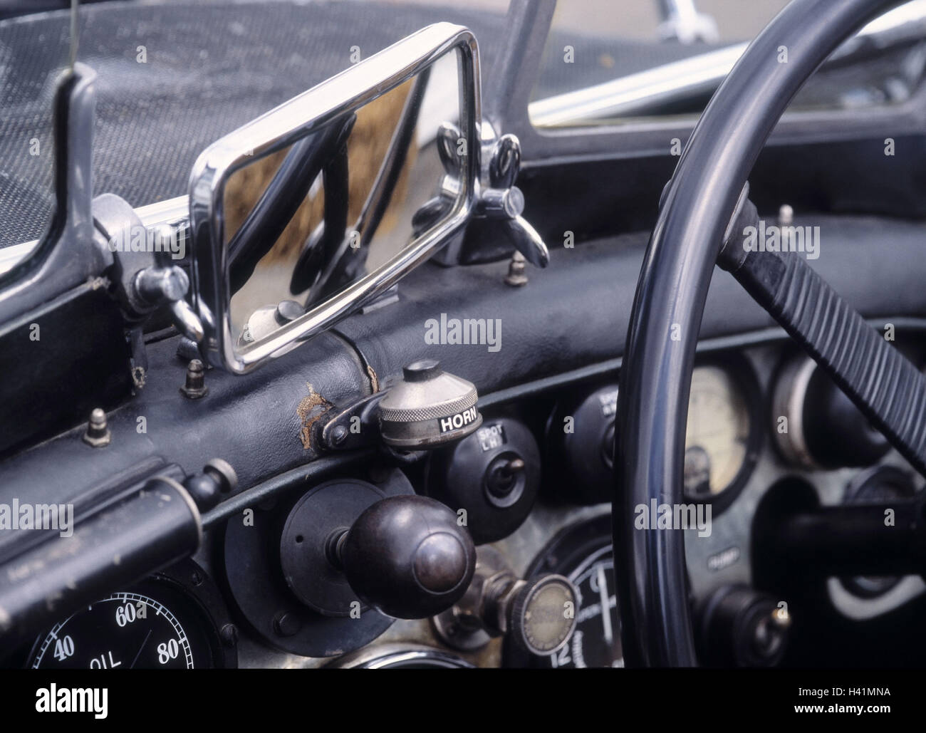 Car, old-timer, cockpit, detail, dash board, rear-view mirror, tax vehicle, passenger car, old, nostalgically, in an old-fashioned way, nostalgia, inside, windscreen, armatures, steering, spoke tax, display, switch, lever, function, regulator, sliding-sle Stock Photo