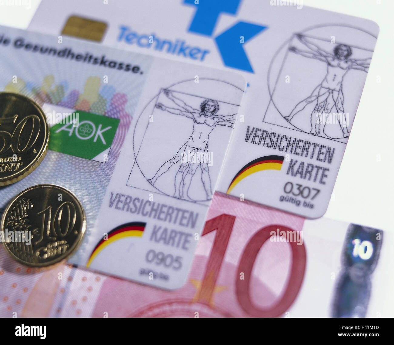 Health insurance cards, health insurances, differently, euro coins
