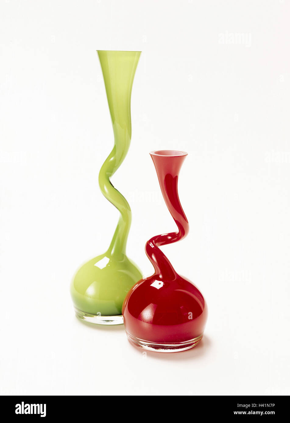 Glass vases, two, green, red vases, flower vases, skilfully, glass art, glass blowing, design, accessories, ornamentally, decoration objects, Still life, product photography, studio, cut out Stock Photo