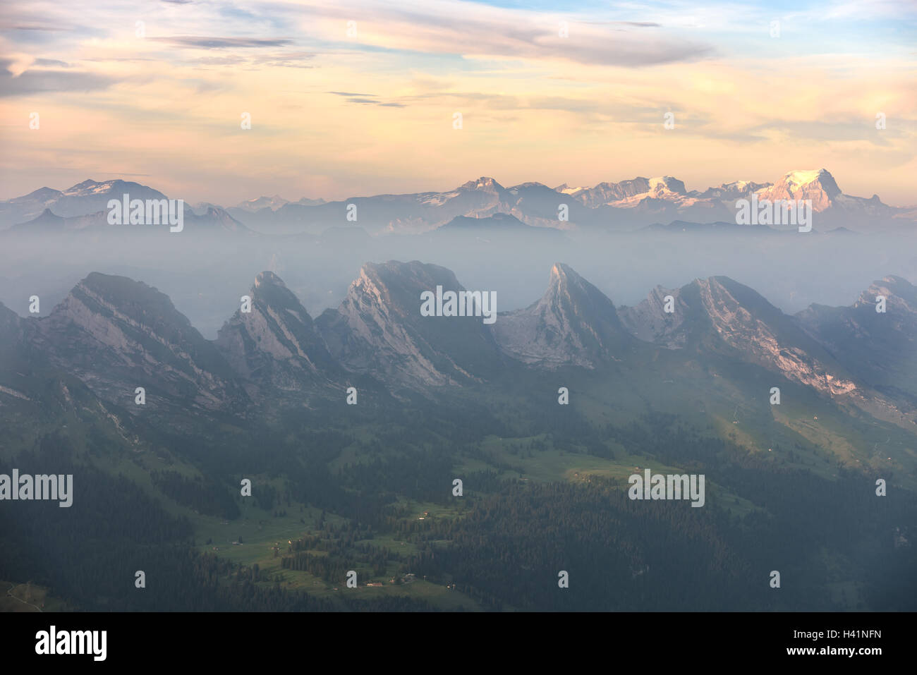 Mountain range at sunrise, Wildhaus, Appenzell Innerrhoden, Switzerland Stock Photo