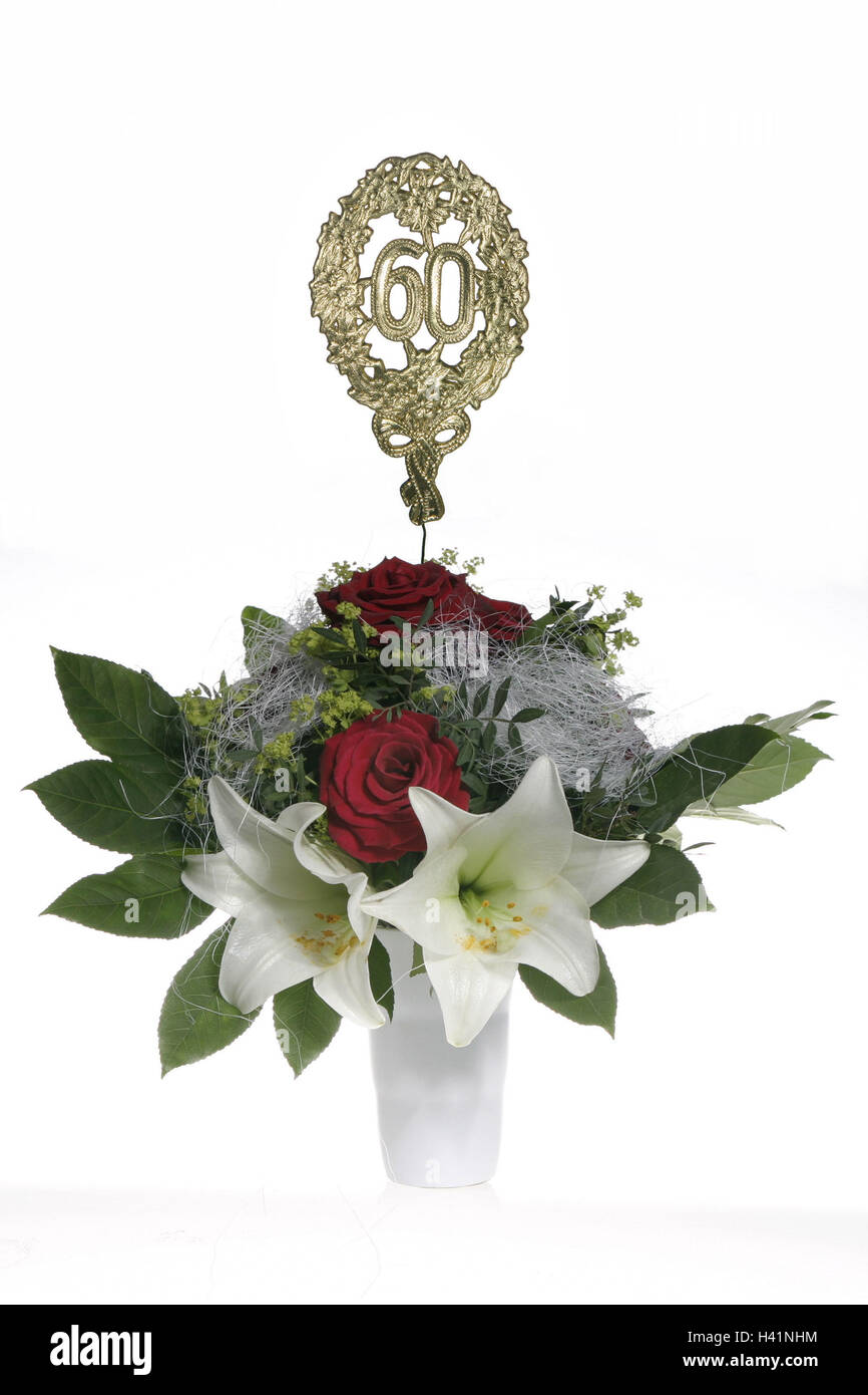 Vase, bouquet, jubilee number "60", golden flower vase, bunch, flowers, lilies, roses, annual number, annual figures, feast, jubilee, diamond wedding, wedding tag, birthday, solemnity, festivity, company's anniversary, celebrate, celebration, feast, prese Stock Photo