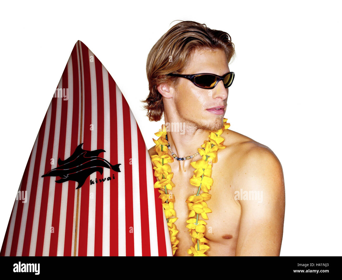 Man, young, sunglasses, floral wreath, surfboard, portrait, icon, vacation, summer vacation, leisure time, rest, sport, water sport, wave bleed, surfer, blond, necklace, free upper part of the body, glasses, side glance, view side view, flower rim artific Stock Photo