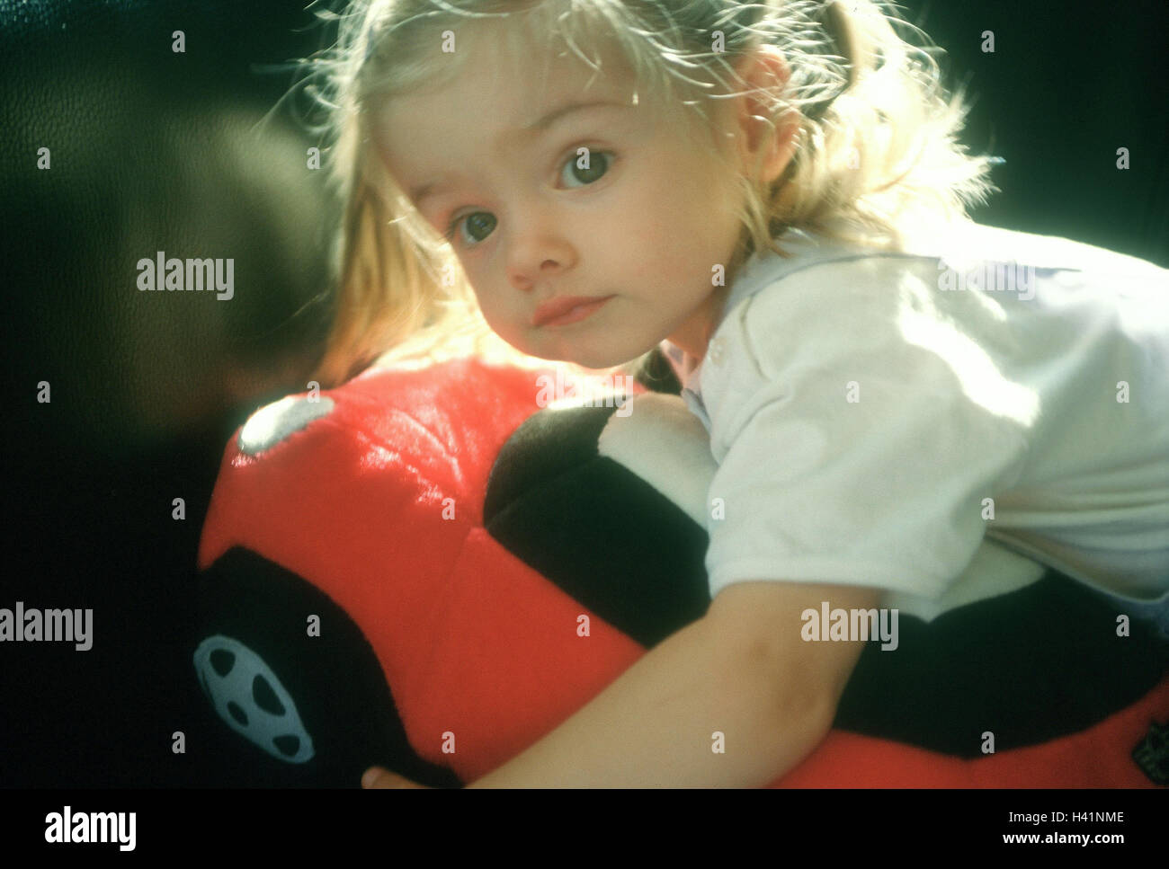 Toddler, girls, Kuschelkissen, lies indoors, at home, child, childhood, pillows, child pillows, toy, Kissenauto, Stock Photo