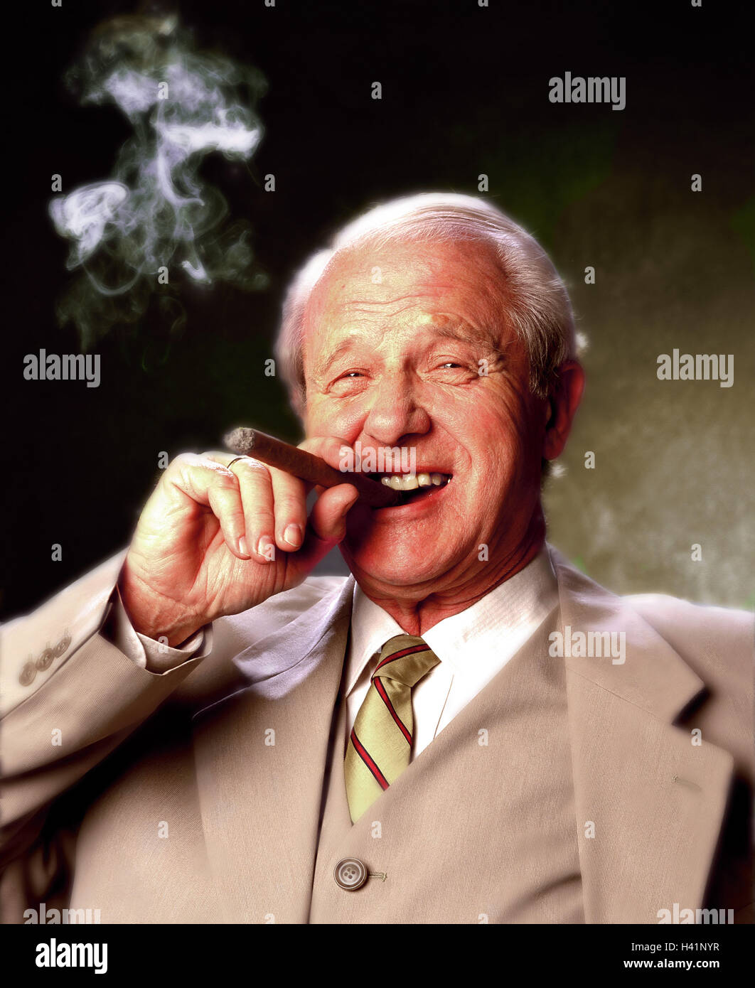 Pensioners, suit, cigar, smokes, contentedly, smiles, portrait Man, senior,  60-80 years, retirement, affluence, well-deserved, success, happy,  lighthearted, tobacco, enjoys smoke, addiction cancer risk lung cancer,  unhealthily, nicotine Stock Photo